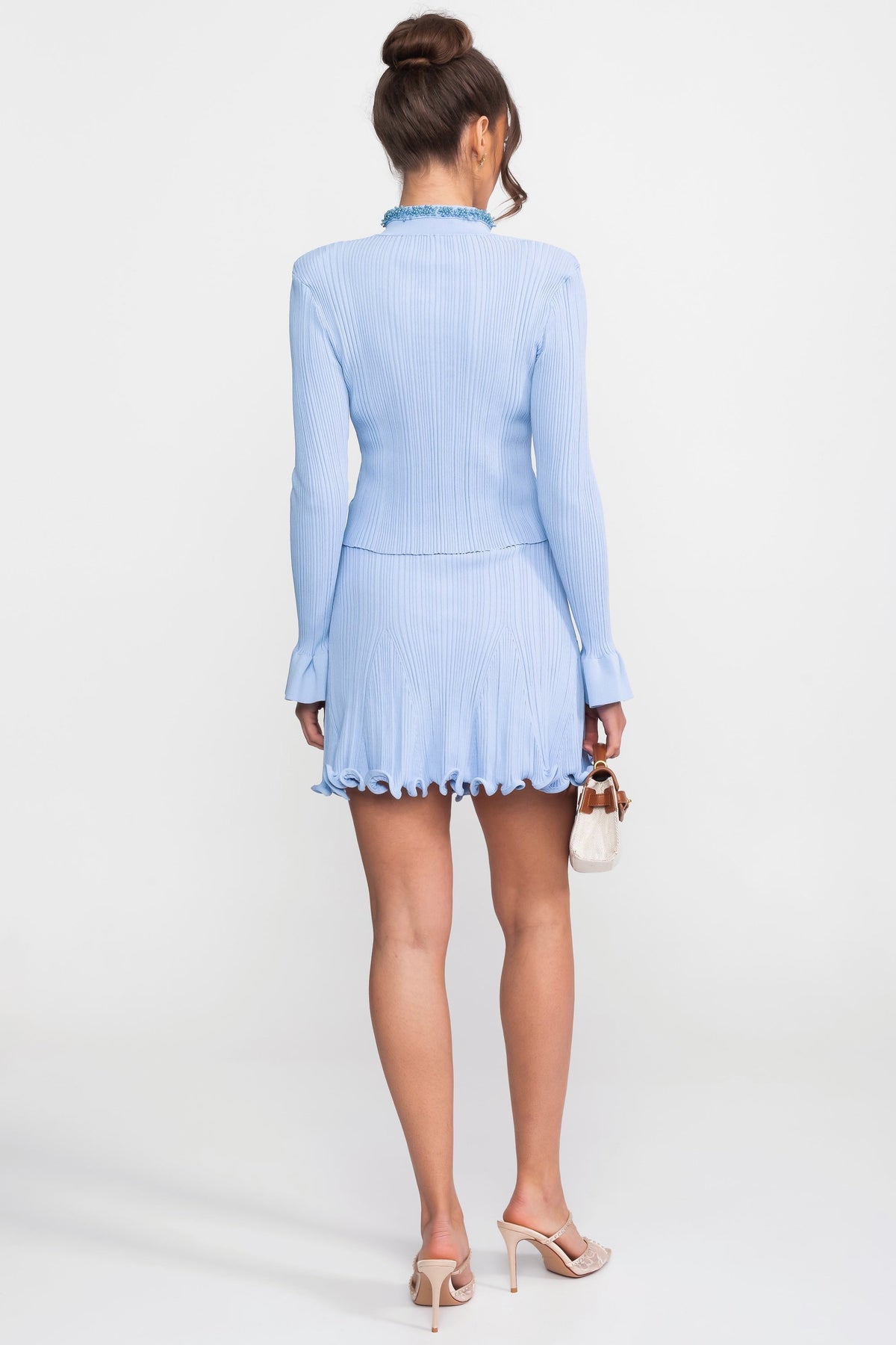 Ribbed Knit Long Sleeve Beaded Top and Mini Skirt Set – Blue – view 6