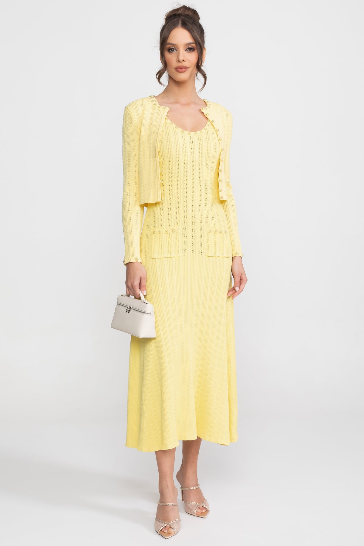 Ribbed Knit Midi Dress and Cropped Cardigan Set with Pearl Buttons – Yellow – view 5