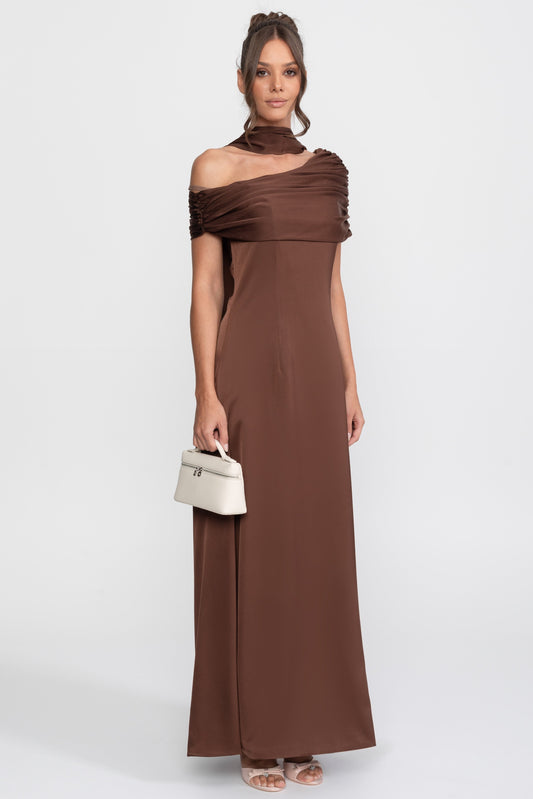 One-Shoulder Draped Satin Maxi Gown with Ruched Wrap Collar – Brown – view 2
