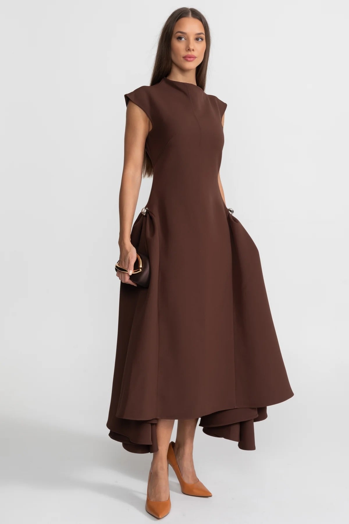 Cap Sleeve Sculptural Crepe Midi Dress with High-Low Hem – Brown – view 2