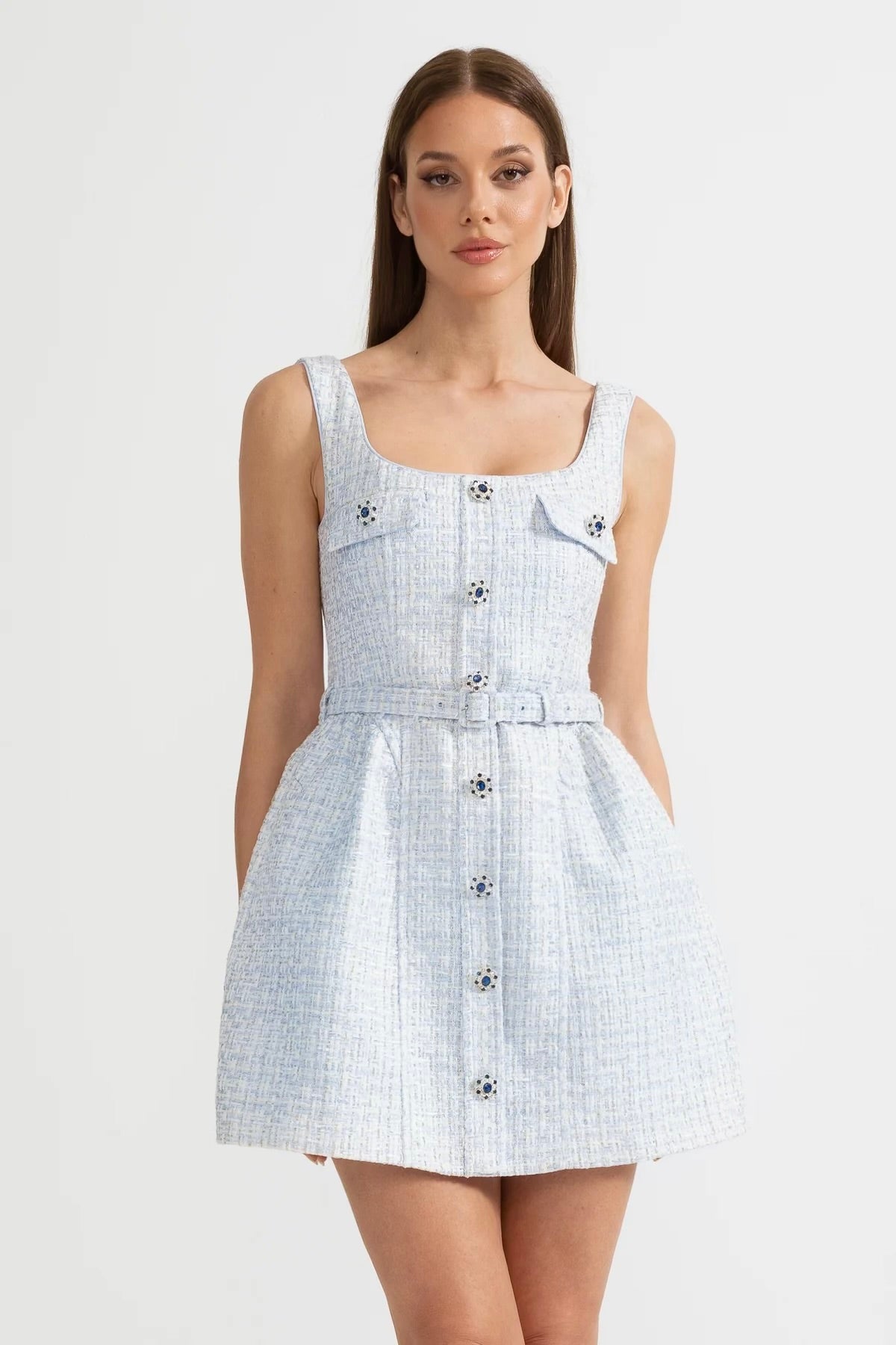 Sleeveless Tweed Mini Dress with Scoop Neck and Contrast Buttons – Light Blue – view 1