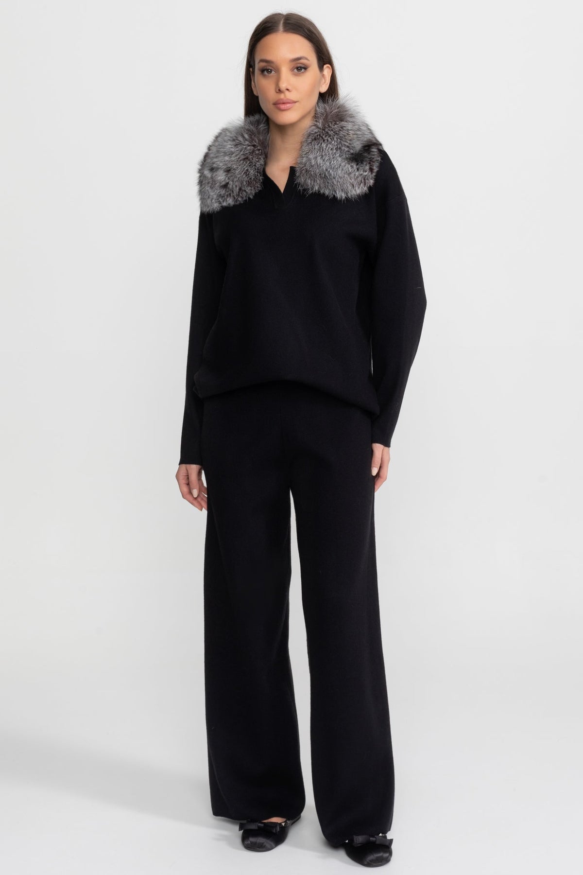 Knit Lounge Top and Straight Leg Trousers Set – Black/Grey