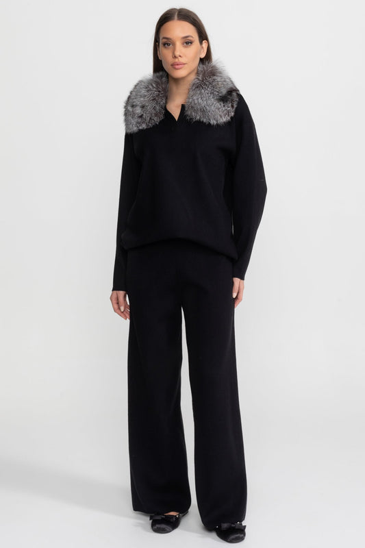 Knit Lounge Top and Straight Leg Trousers Set – Black/Grey