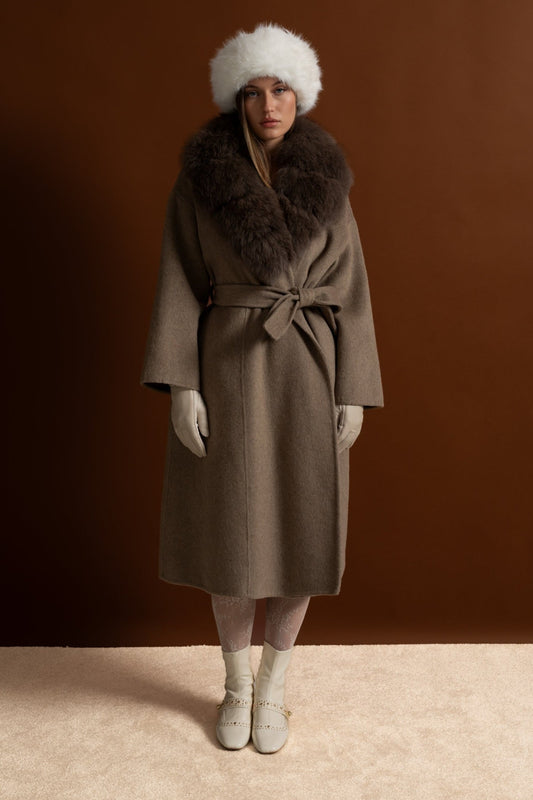 Double-Faced Wool Wrap Coat with Collar Trim and Tie Belt – Khaki – view 2