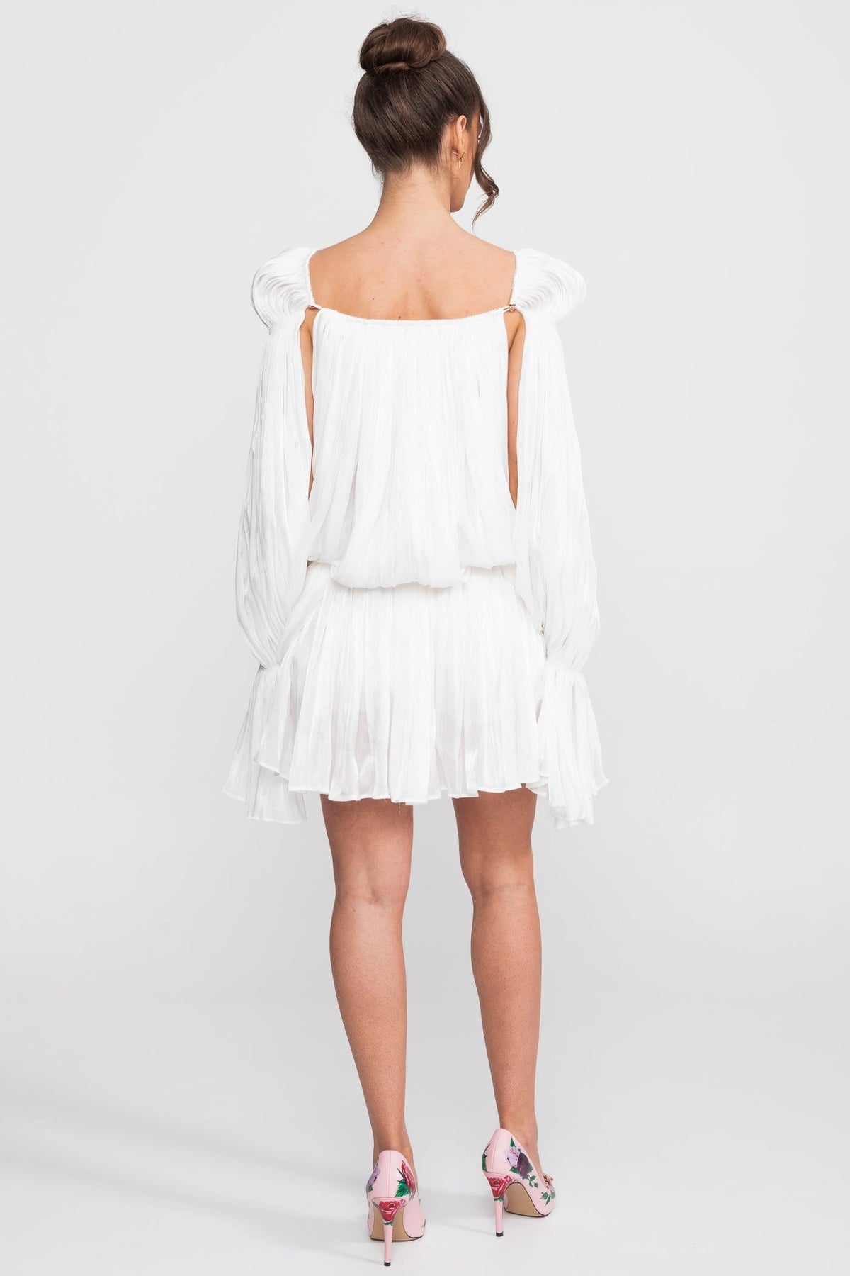 Sheer Chiffon Cape Sleeve Mini Dress with Gold Clip Detail – White – view 6