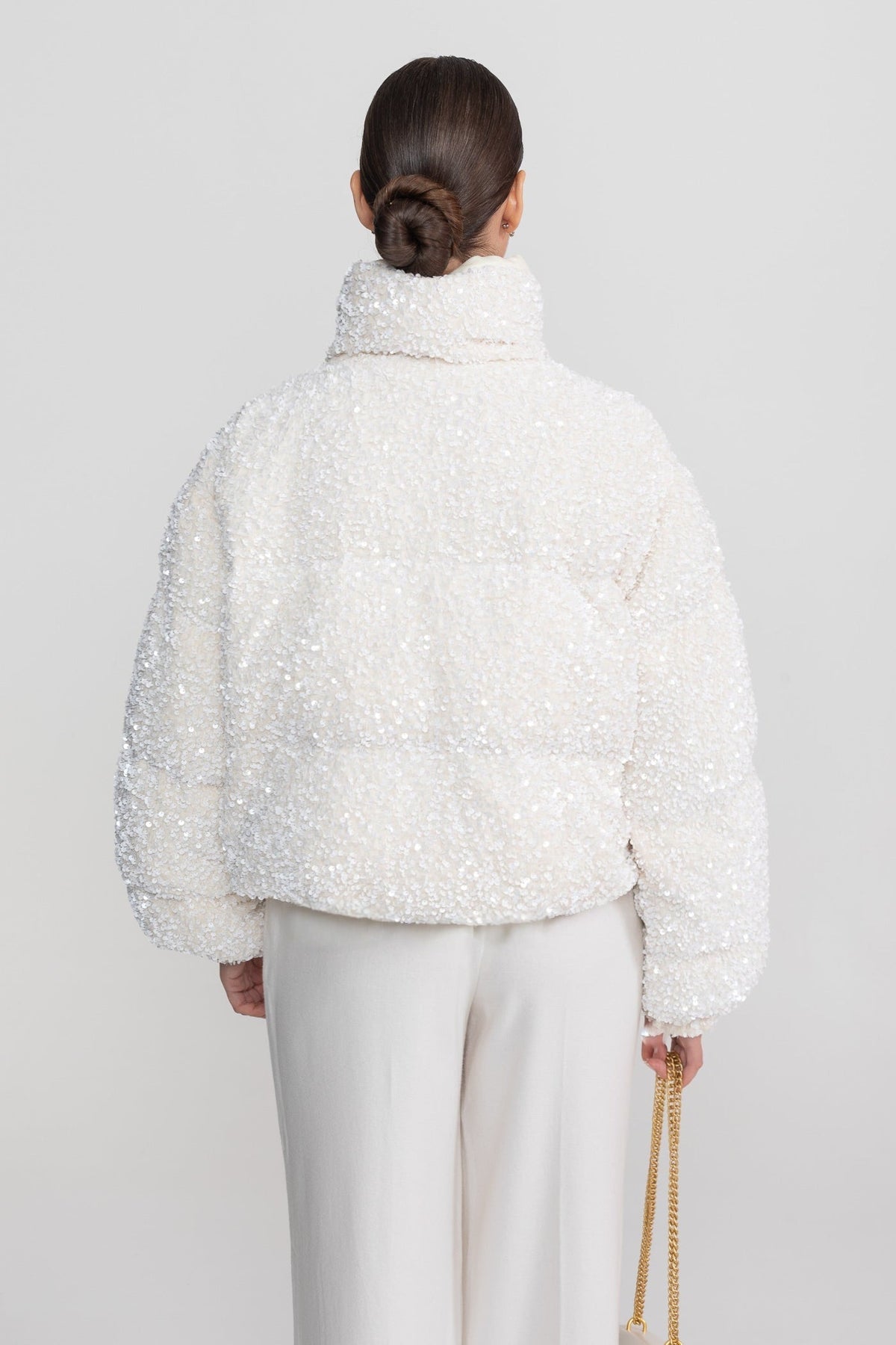 Cropped Sequin Puffer Jacket with High Stand Collar – White – view 11