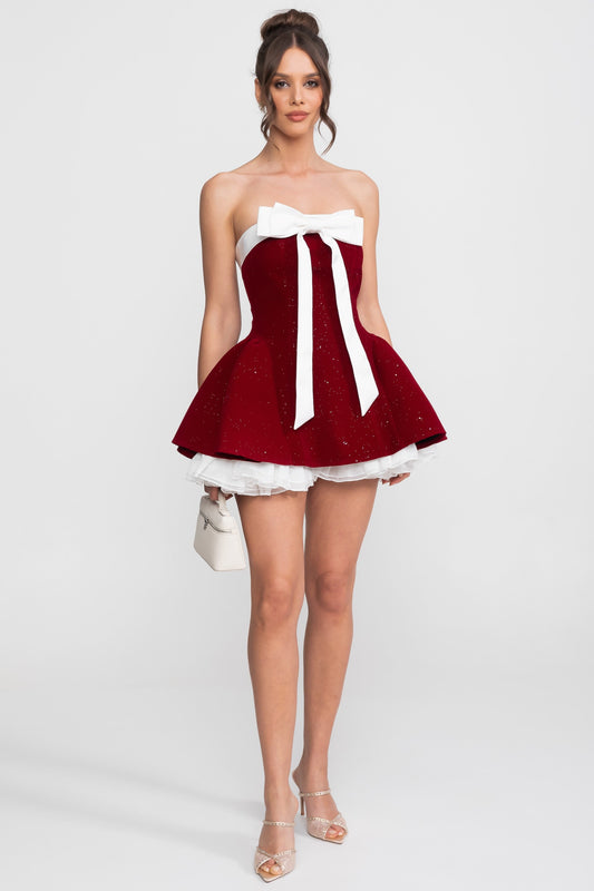 Strapless Velvet A-Line Mini Dress with White Satin Bow – Red