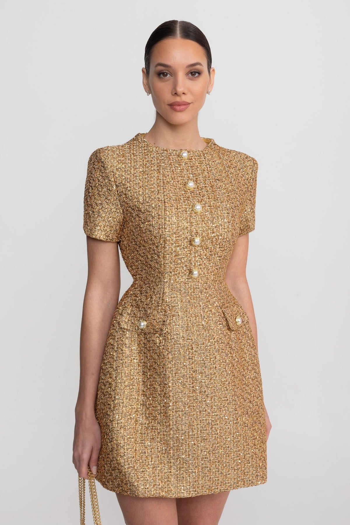 Metallic Tweed A-Line Mini Dress with Pearl-Effect Buttons – Gold