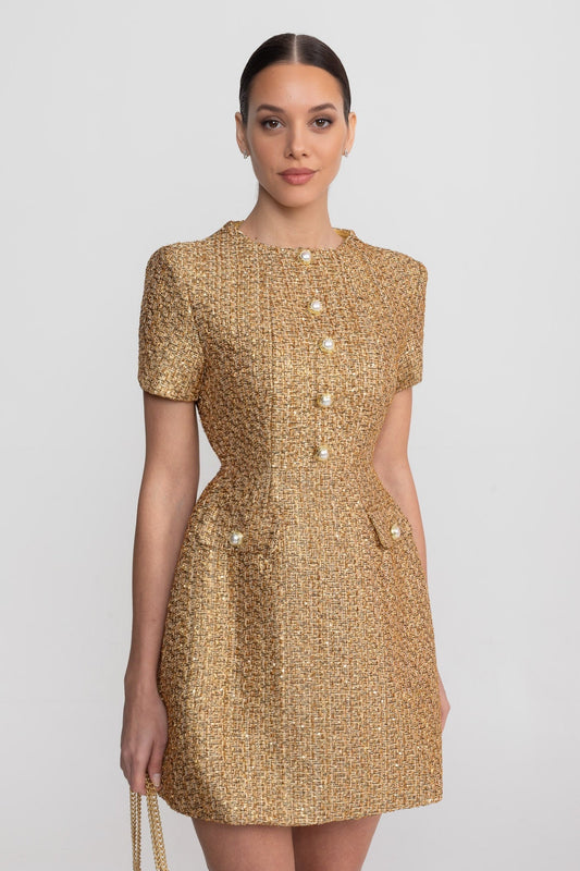 Metallic Tweed A-Line Mini Dress with Pearl-Effect Buttons – Gold