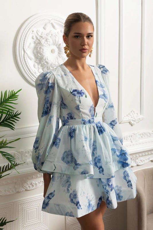 Watercolour Floral V-Neck Volume Sleeve Peplum Mini Dress – White & Blue