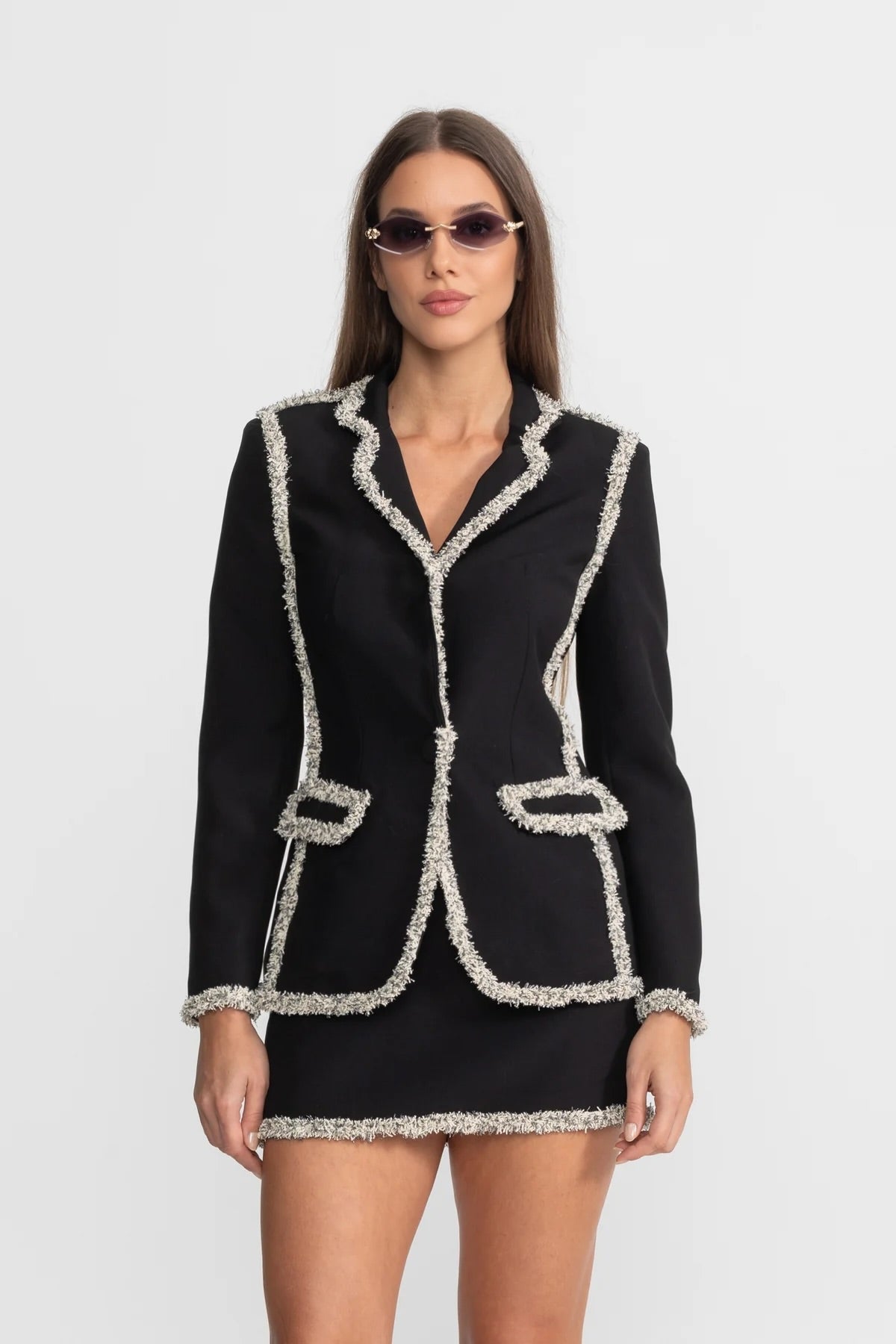 Sparkling Tweed Trim Peak Lapel Blazer and Mini Skirt Set – Black – view 3