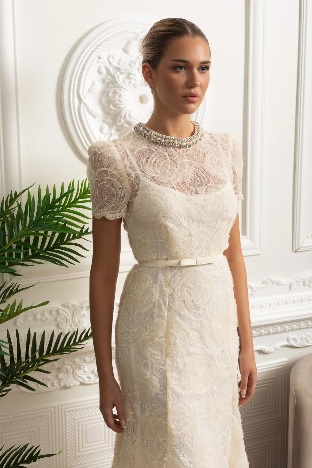 Embroidered Lace Short Sleeve Midi Dress with Thin Waist Belt – Ivory – view 2