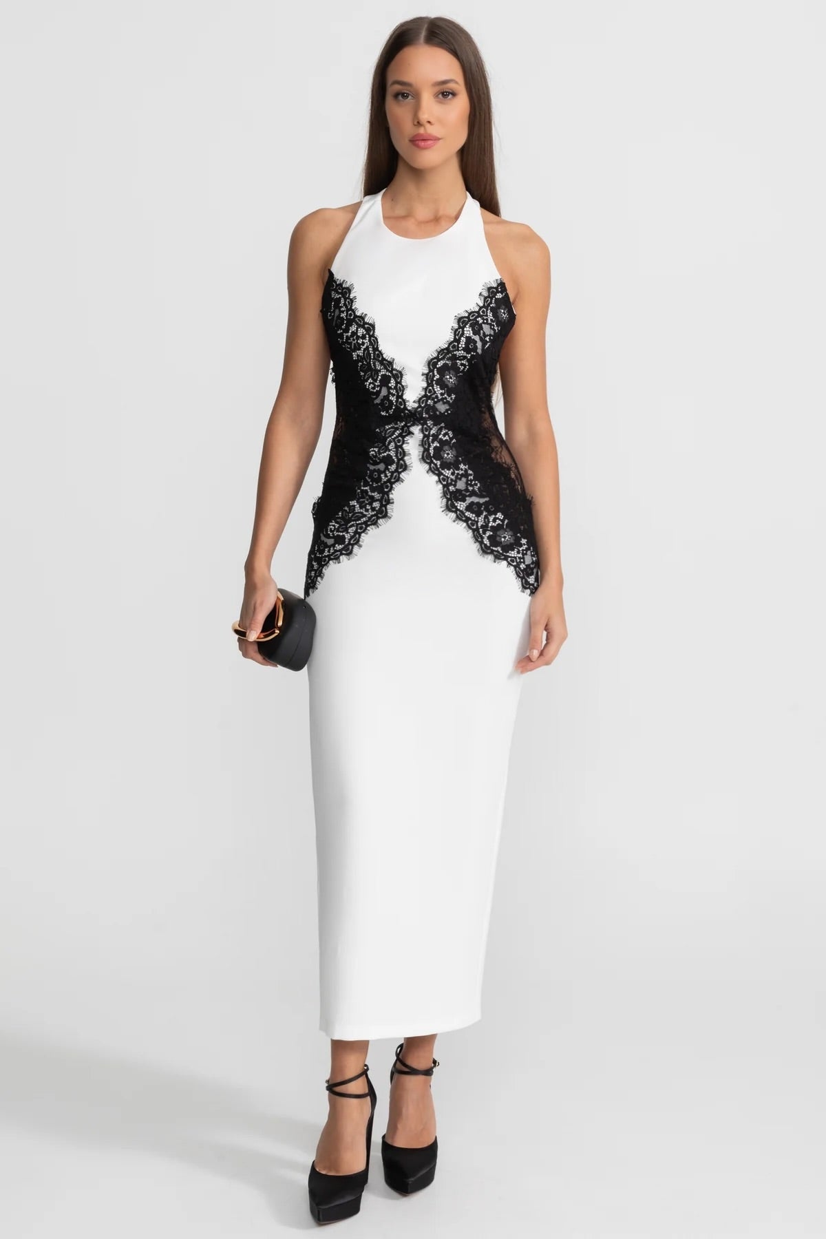 Halter Plunge Neck Maxi Dress with Black Lace Appliqués – White