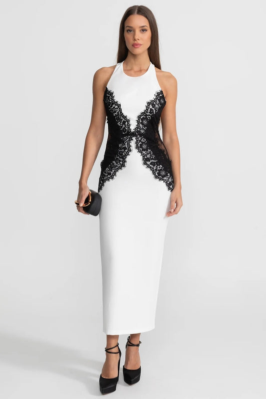 Halter Plunge Neck Maxi Dress with Black Lace Appliqués – White