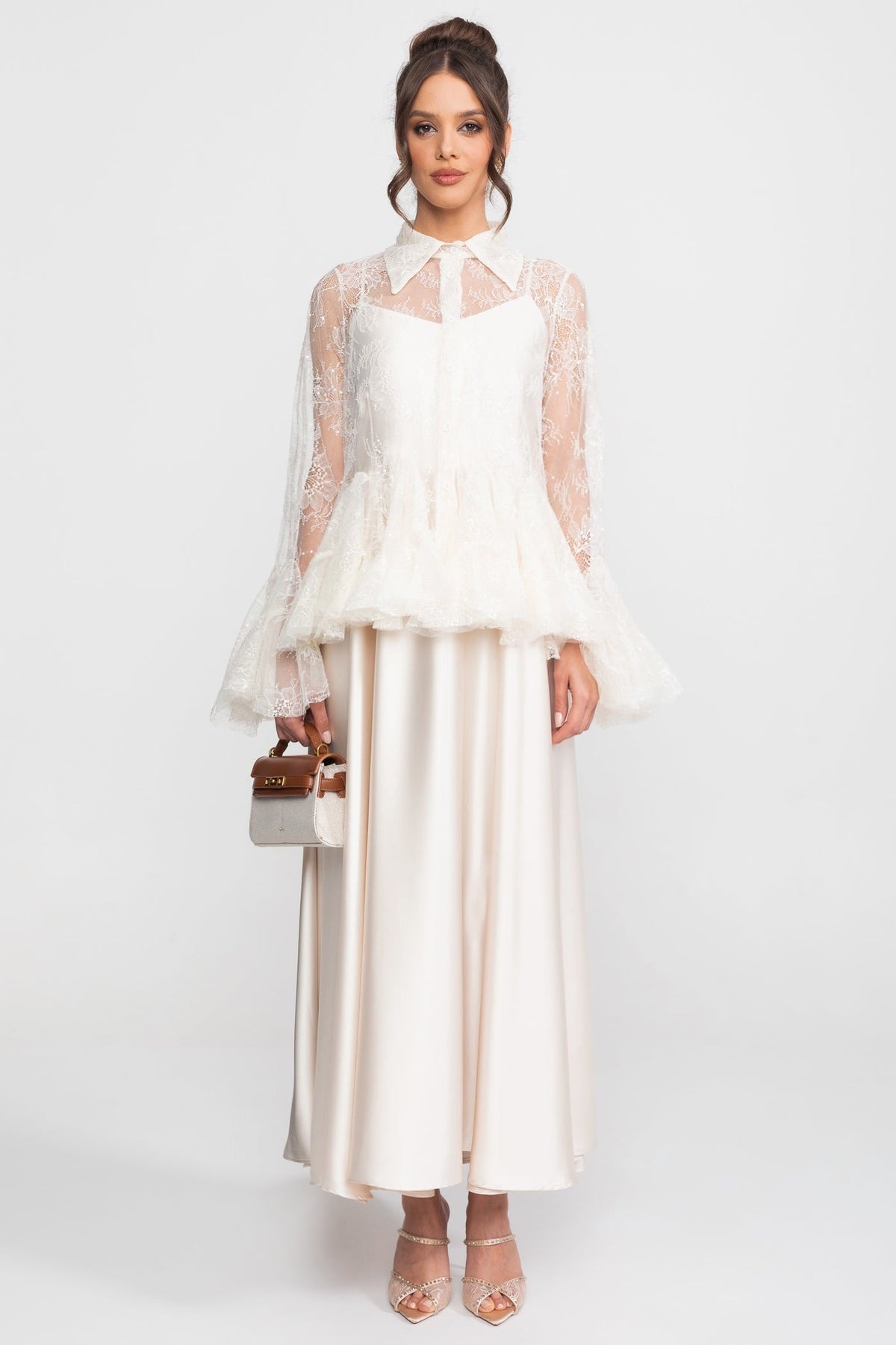 Sheer Lace Peplum Blouse and Satin Feel Maxi Skirt Set – Ivoire