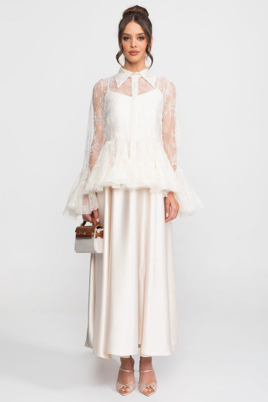Sheer Lace Peplum Blouse and Satin Feel Maxi Skirt Set – Ivoire