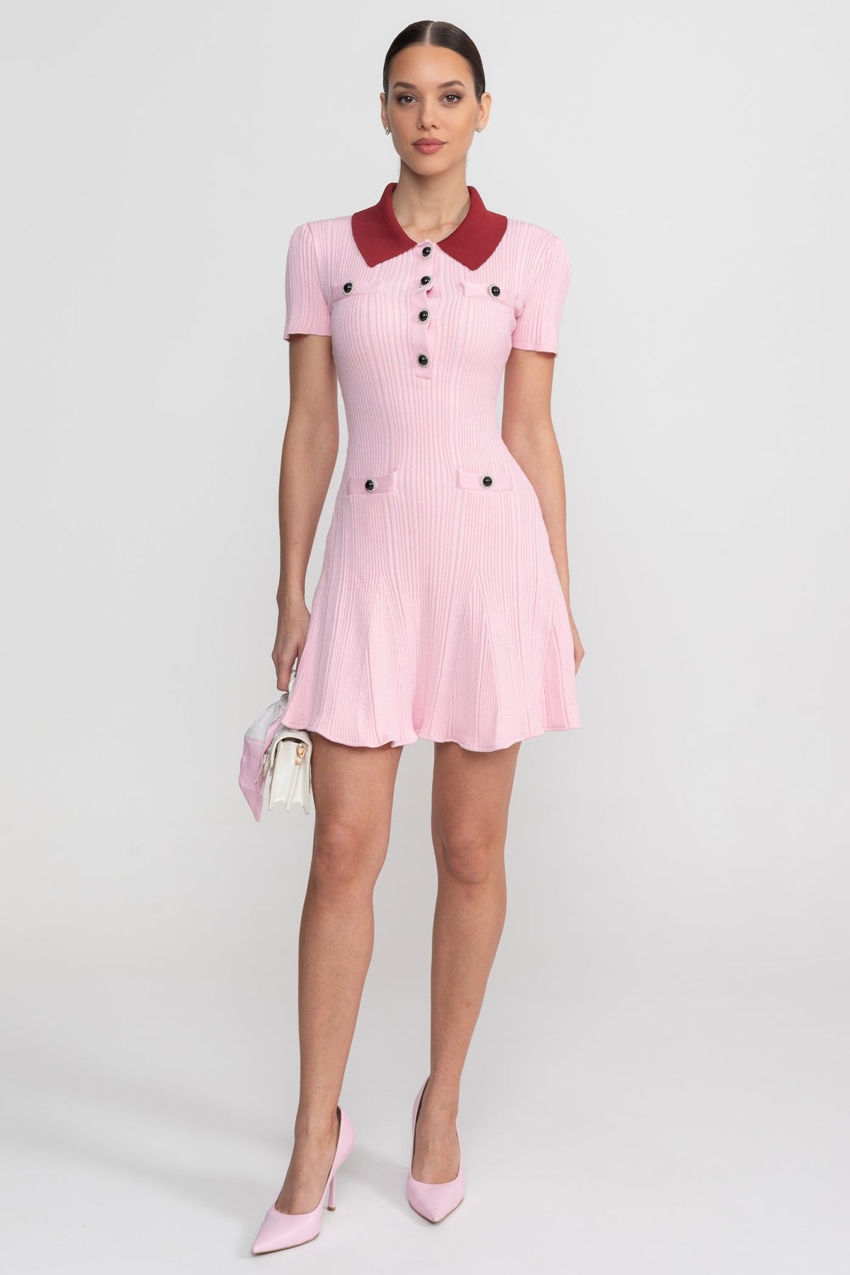 Ribbed Knit Contrast Collar Button Front Mini Dress – Blush Pink