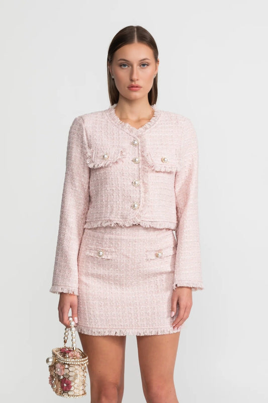 Metallic Tweed Jacket and Mini Skirt Set with Pearl Buttons – Blush Pink