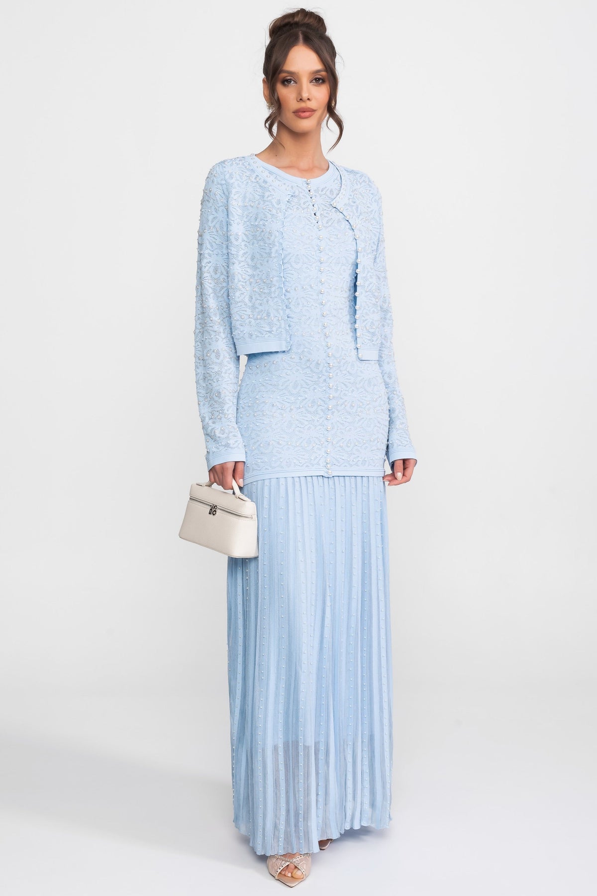 Beaded Lace Long Sleeve Cardigan with Pearl Buttons – Blue