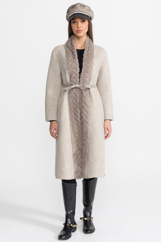 Wool and Alpaca Longline Coat with Textured Collar – Beige