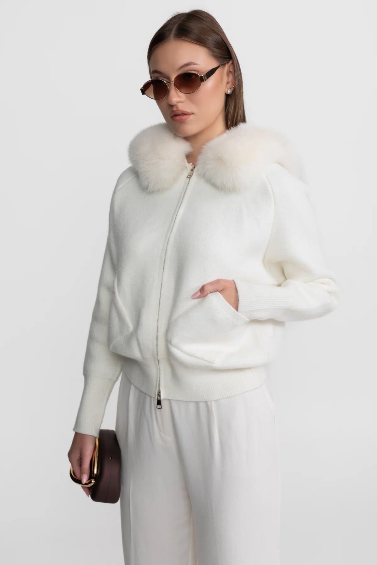 Zip-Up Wool Blend Knit Hoodie – Ivory – view 8