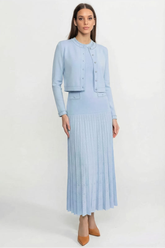 Cropped Knit Cardigan with Pearl Buttons and Embellishments – Blue