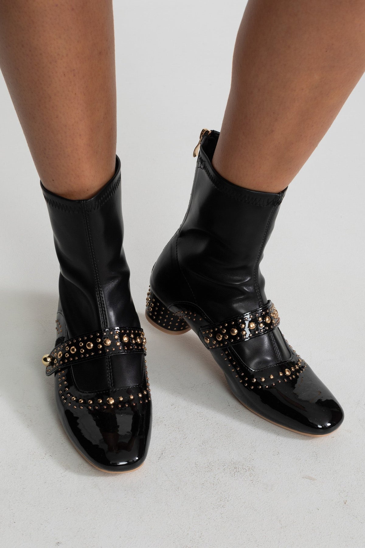 Studded Patent Ankle Boots with Adjustable Strap – Black – view 3