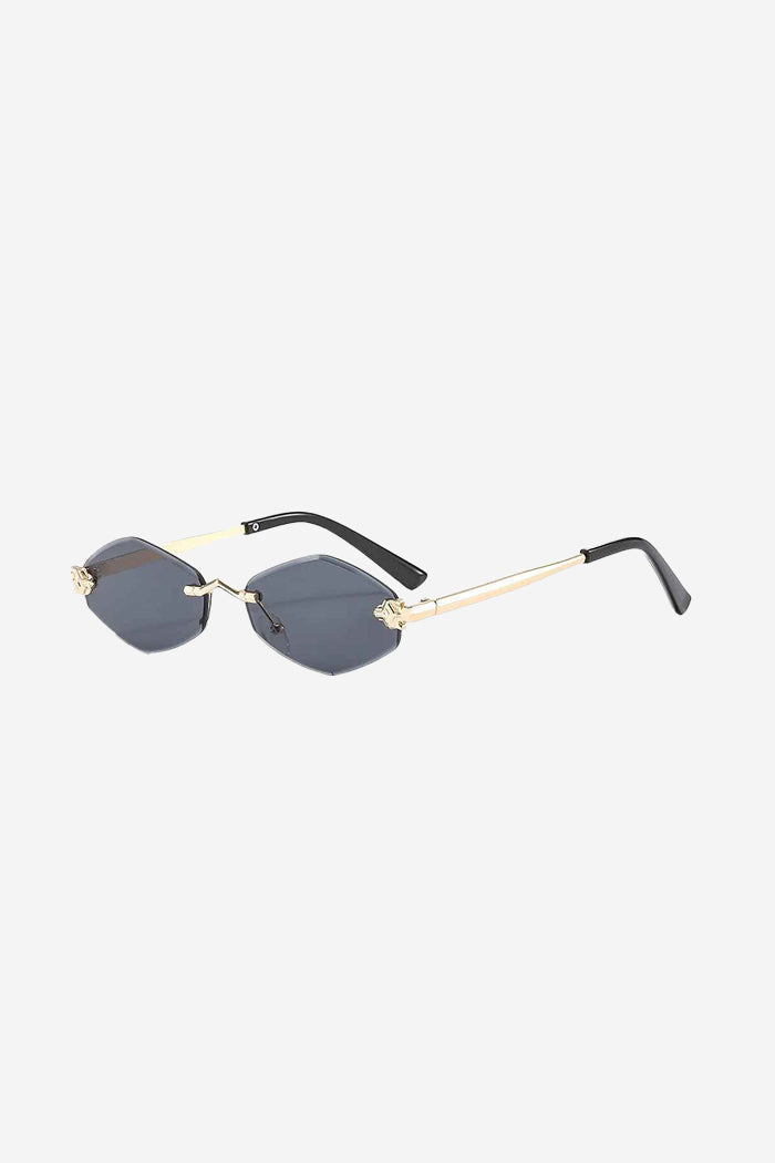 Rimless Hexagon Sunglasses with Gold Patterned Temples – Black – view 2