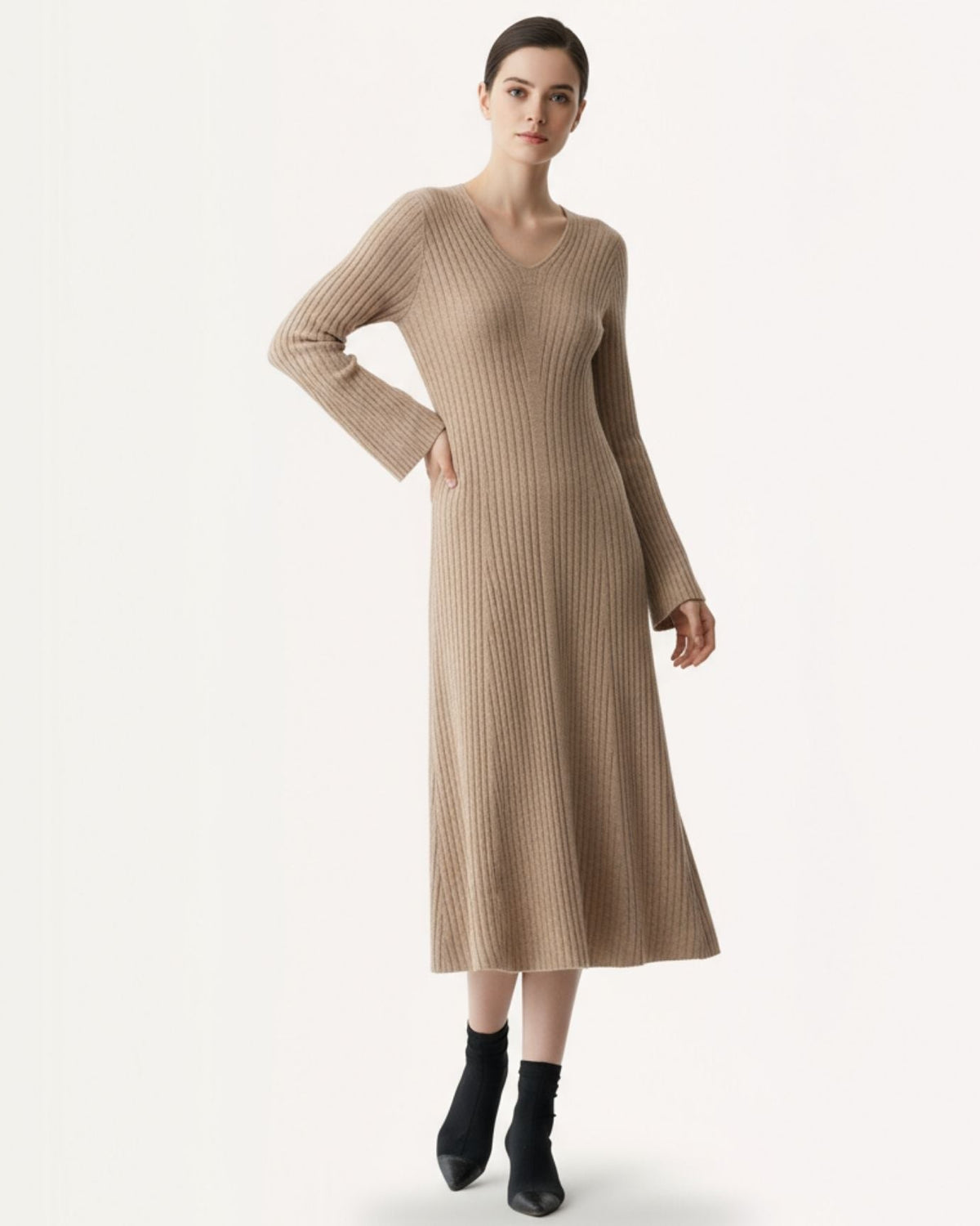 100% Cashmere V-Neck Dress with Relaxed Natural Drape – view 2