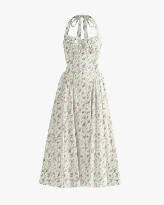 Santorini Halter Neck Contoured Stretch Dress – Green Leaves on White