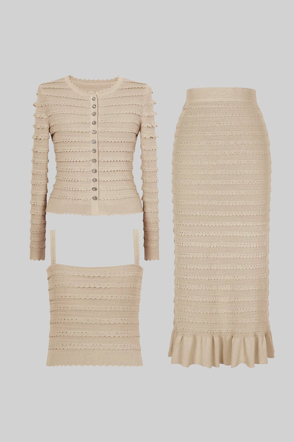 Bouclé Knit Puff Sleeve Blazer, Top and Midi Skirt Three-Piece Set – Beige – view 8