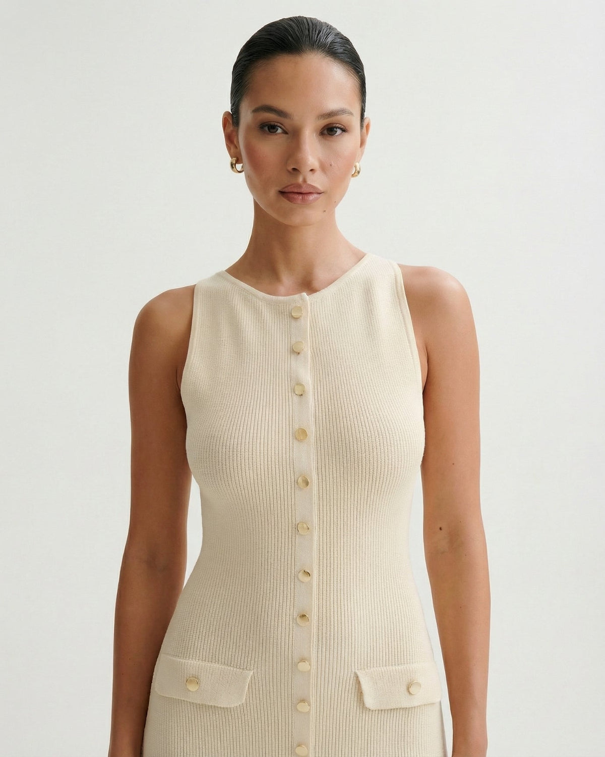 Old Money Form-Skimming Knitted Wool Blend Dress – Apricot – view 3