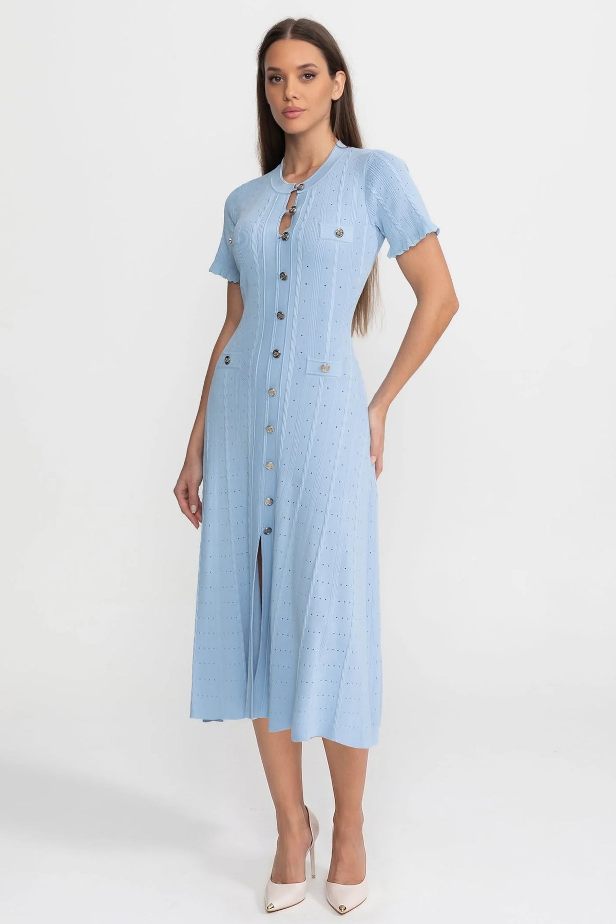 Knit Button-Front Midi Dress with Short Scalloped Sleeves – Baby Blue – view 5