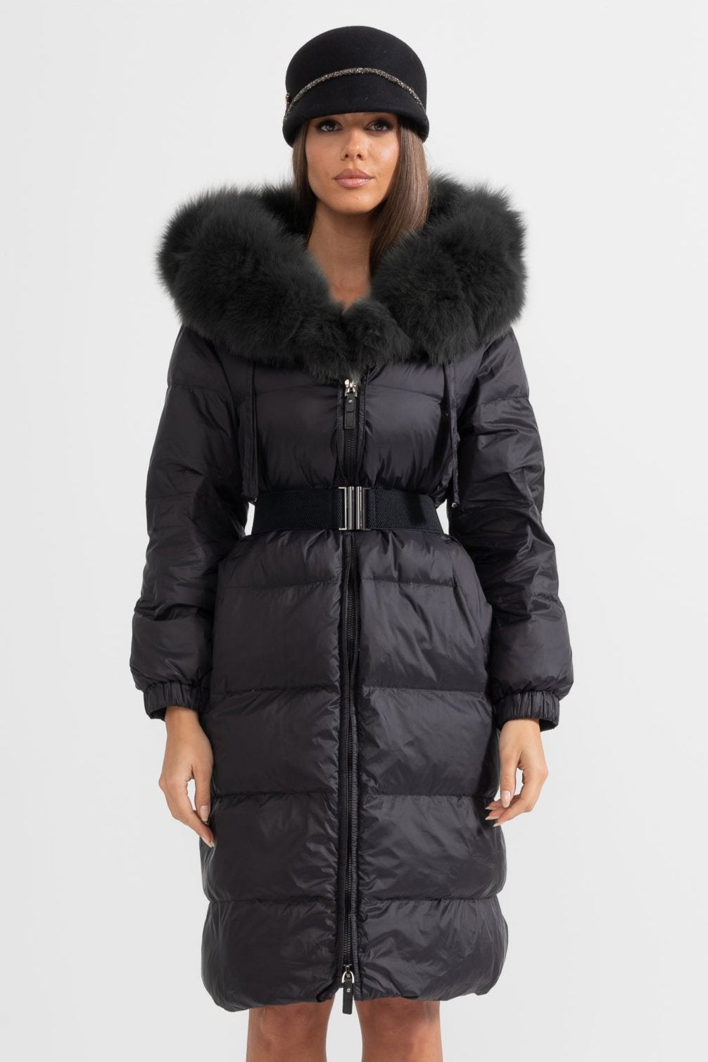 Long Duck Down Puffer Jacket with Black Lined Hood – Black – view 1