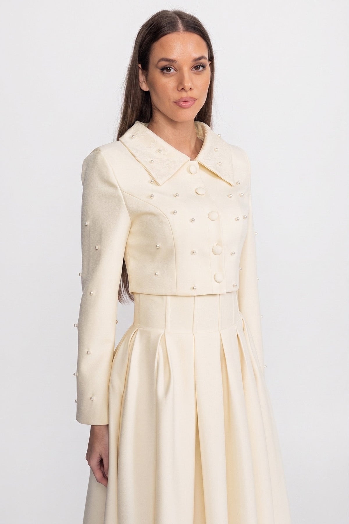 Pearl Embellished Cropped Jacket and Pleated Midi Skirt Set – Ivory – view 3