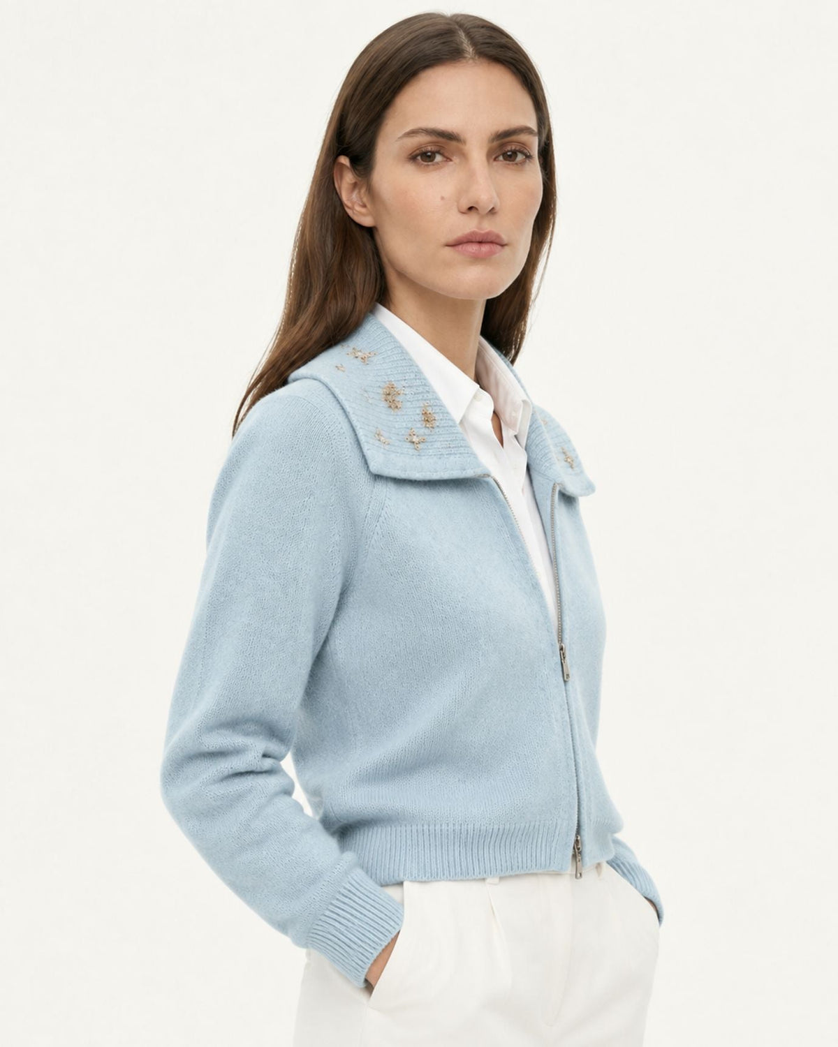 Lina Beaded and Embroidered Cashmere Zip Cardigan with Lapel Collar – view 3