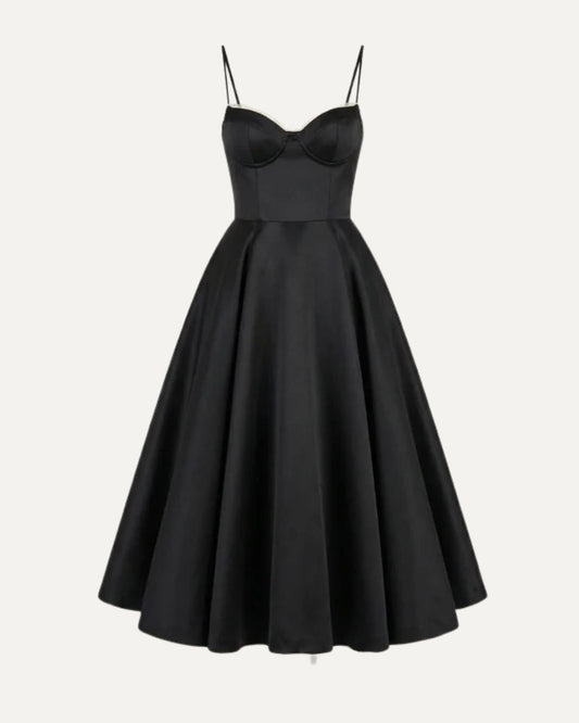 Giulia Duchess Satin Midi Dress with Tulle Underskirt – Black