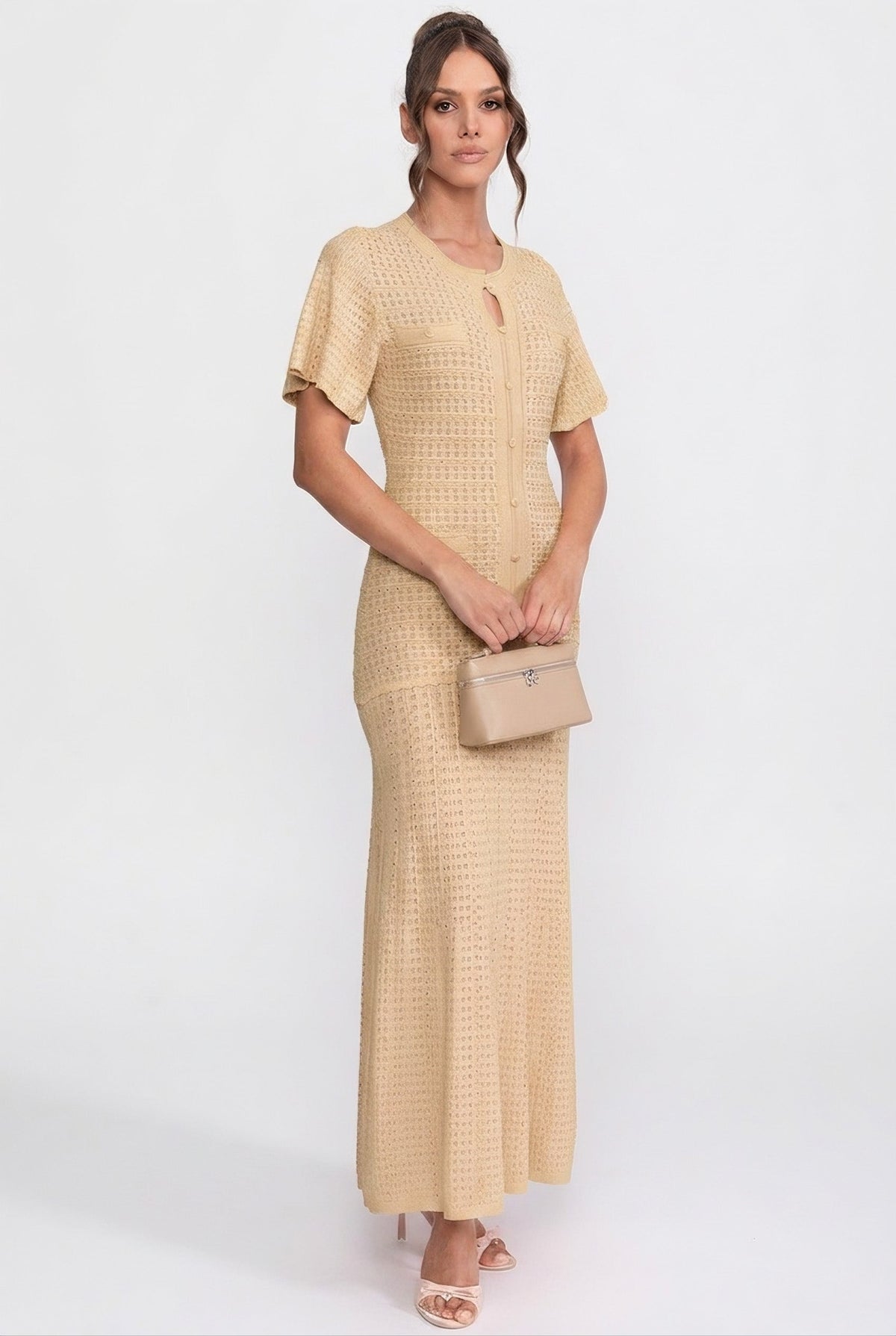Shimmer Knit Button Front Midi Dress with Pleated Skirt – Beige – view 3