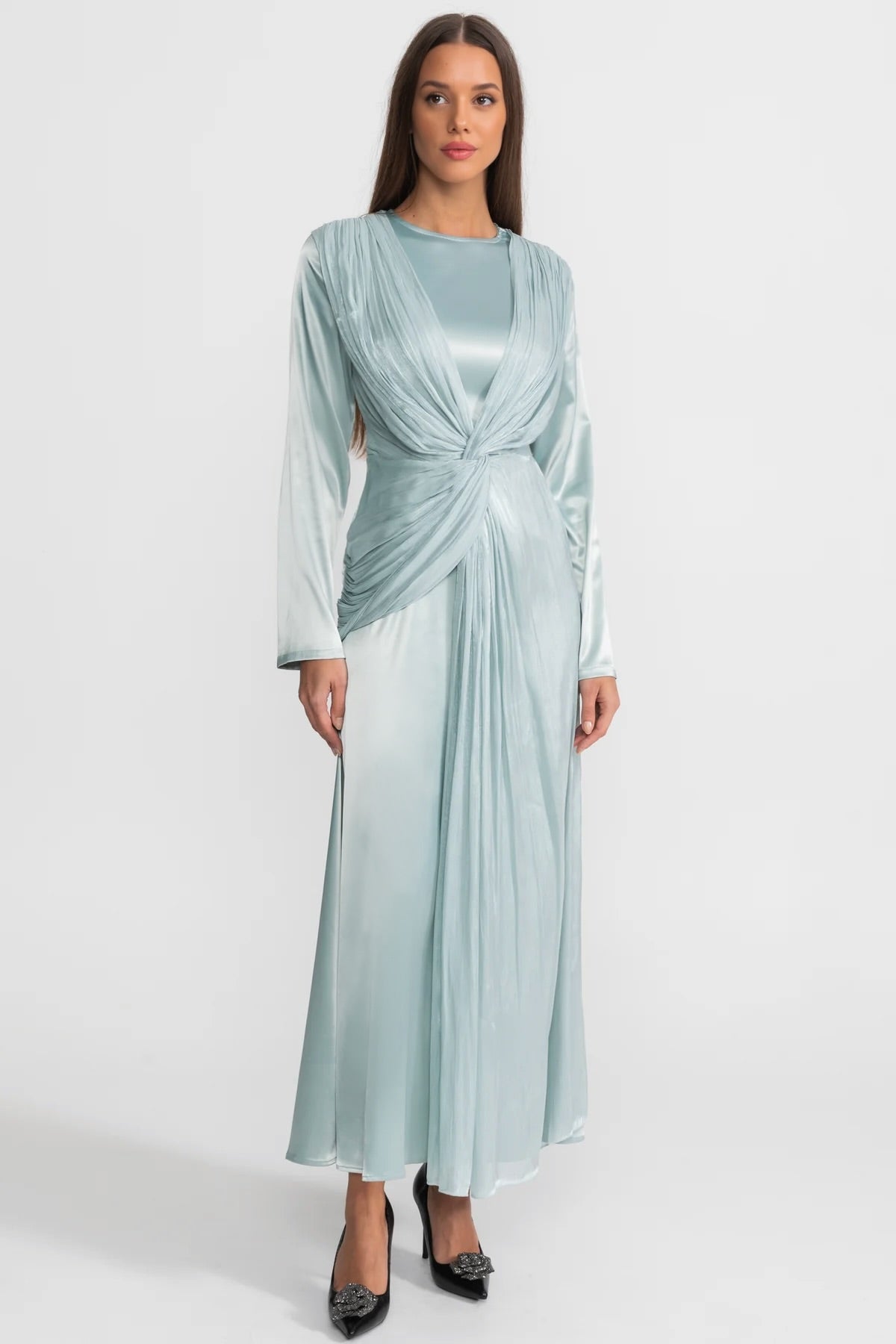 Satin Long Sleeve Midi Dress with Draped Knot Front – Teal
