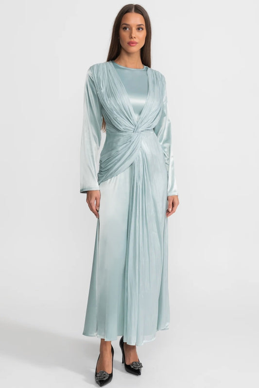 Satin Long Sleeve Midi Dress with Draped Knot Front – Teal