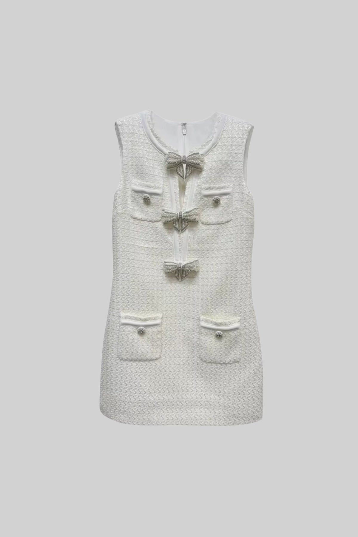 Sleeveless Textured Dress with Metal Embellished Bows – White – view 2