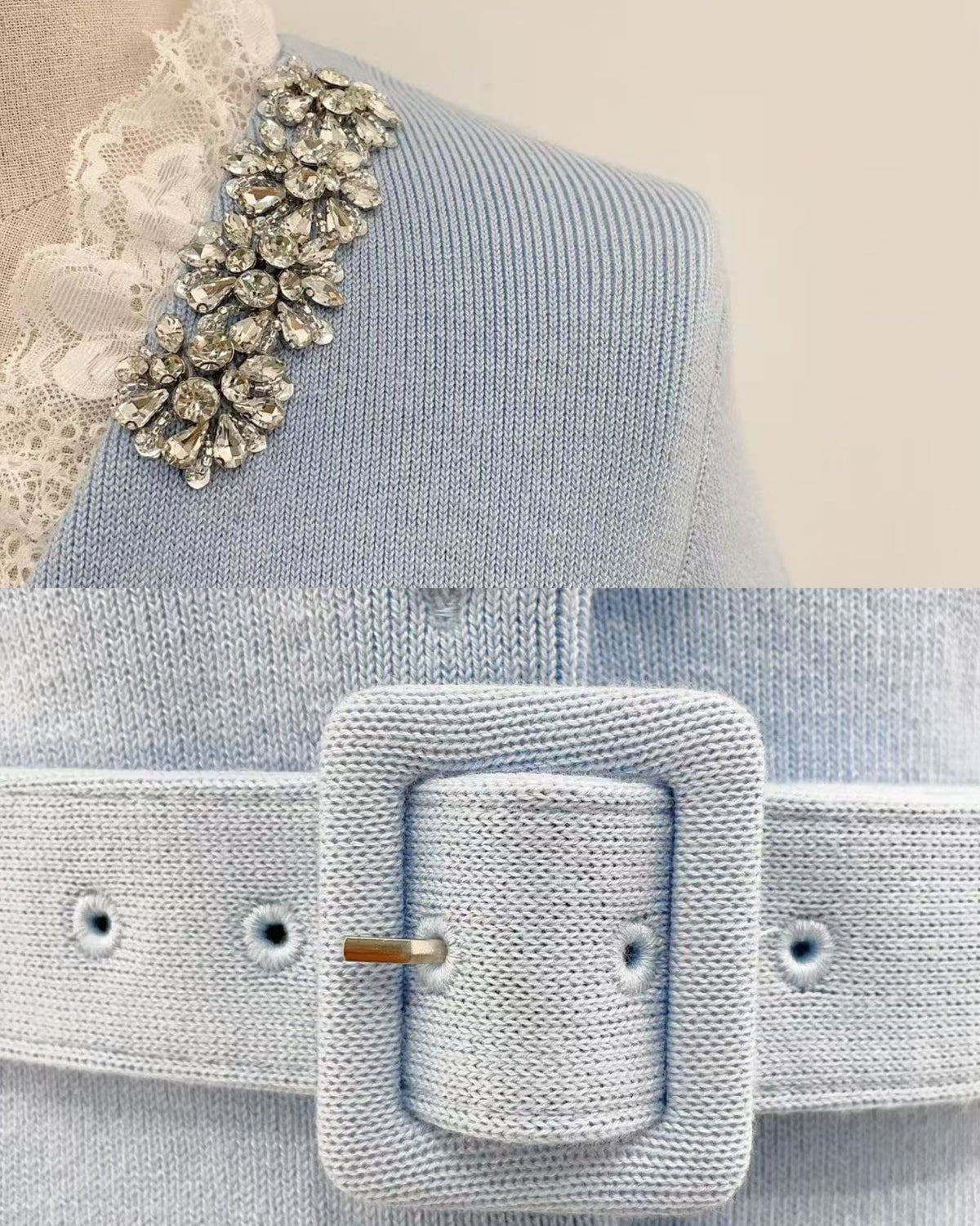 Rhinestone Embellished Lace Trim Wool Knit Cardigan – view 5