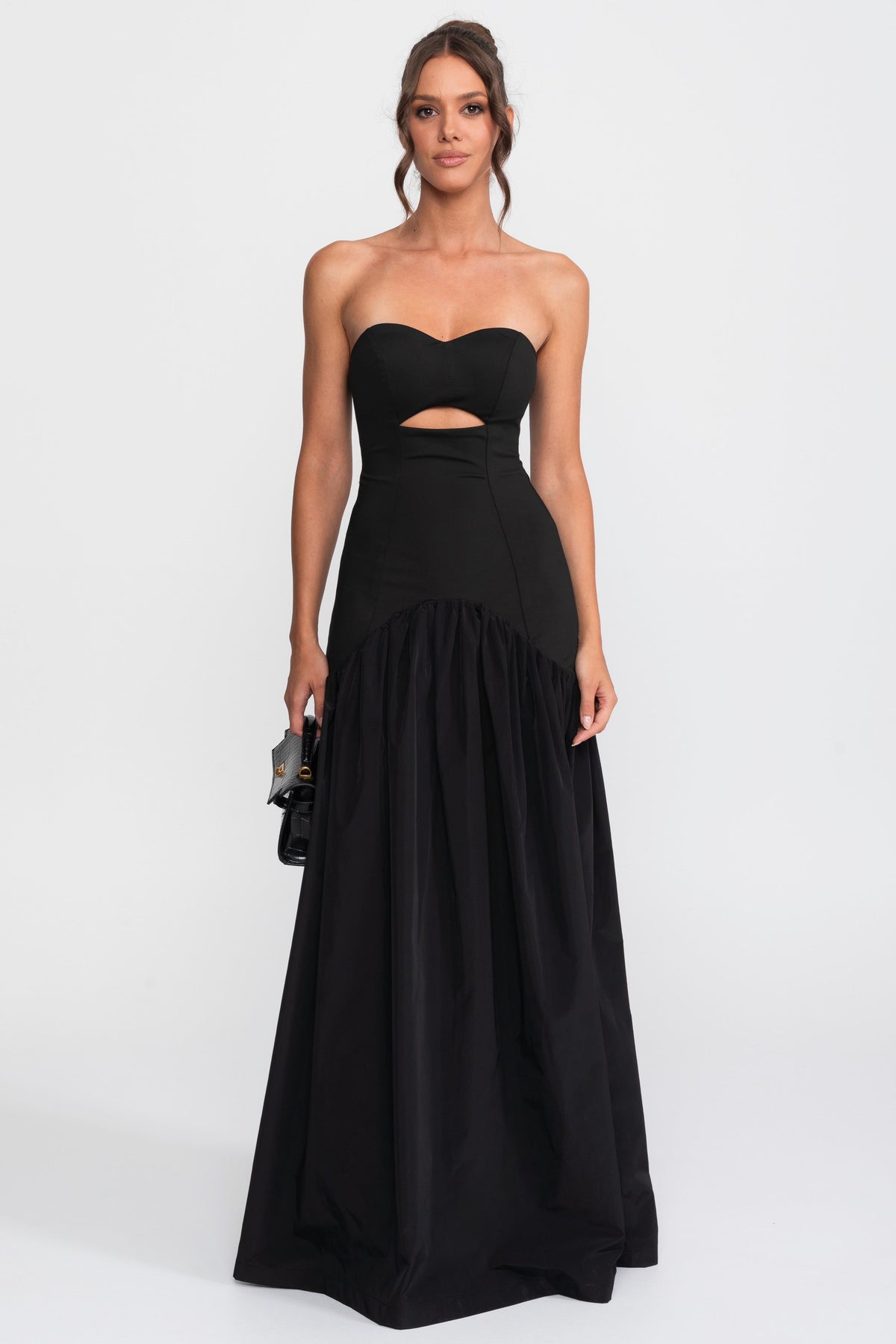 Strapless Sweetheart Drop Waist Gown with Gathered Skirt – Black