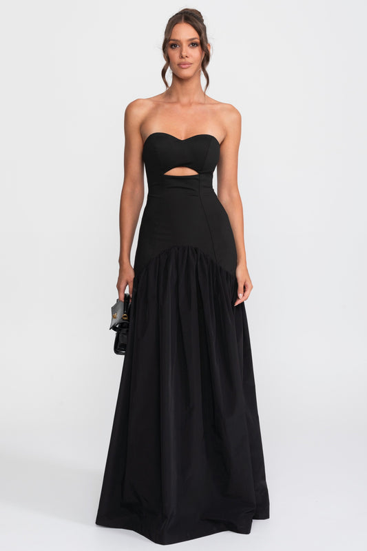 Strapless Sweetheart Drop Waist Gown with Gathered Skirt – Black