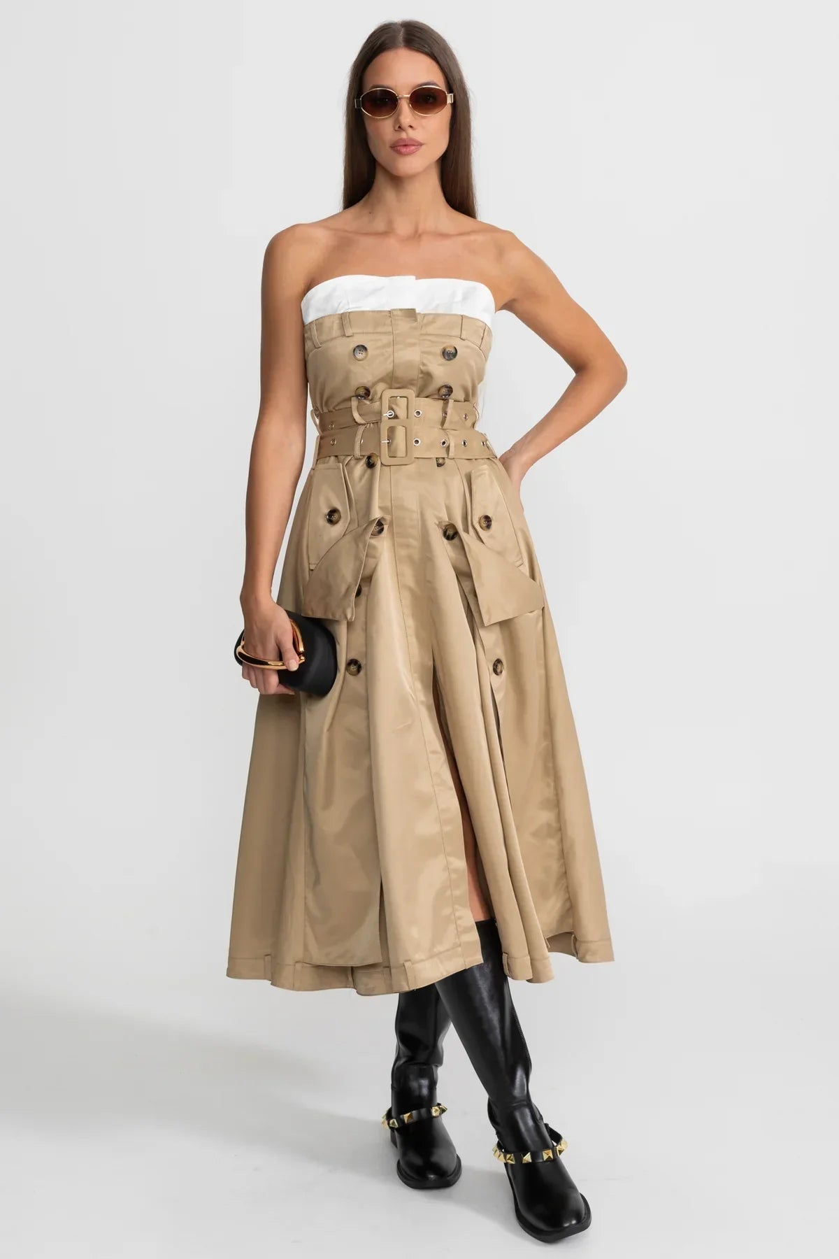 Strapless Double-Breasted Trench Midi Dress with Belted Waist – Beige – view 3
