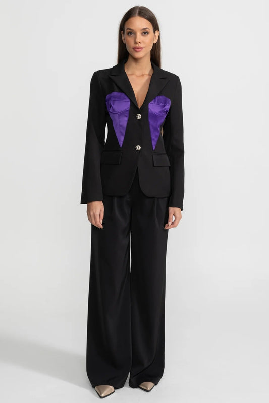 Tailored Blazer with Satin Bust Panels and Crystal Buttons – Black & Purple – view 2