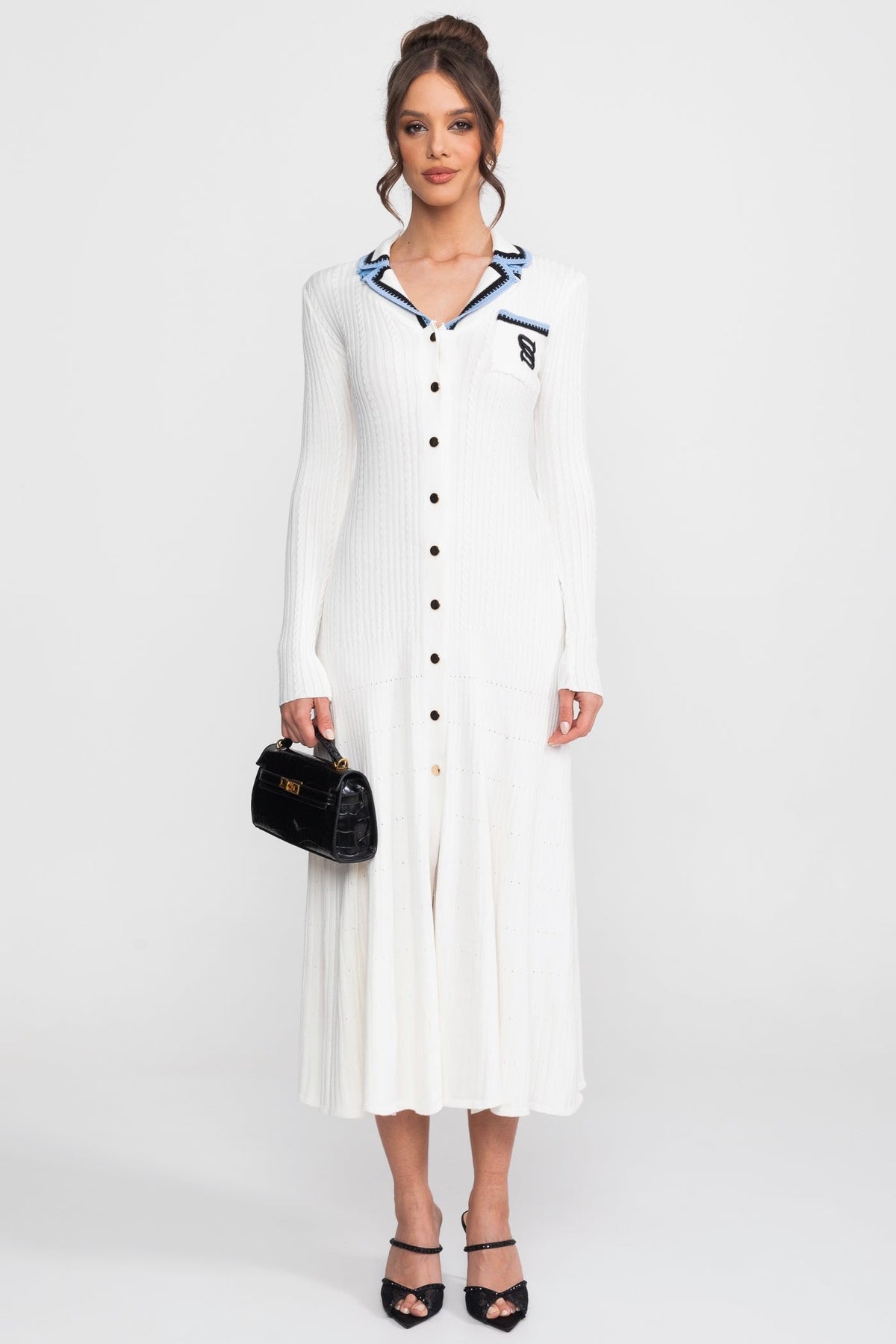 Ribbed Knit Polo Collar Long Sleeve Midi Dress with Monogram Pocket – White