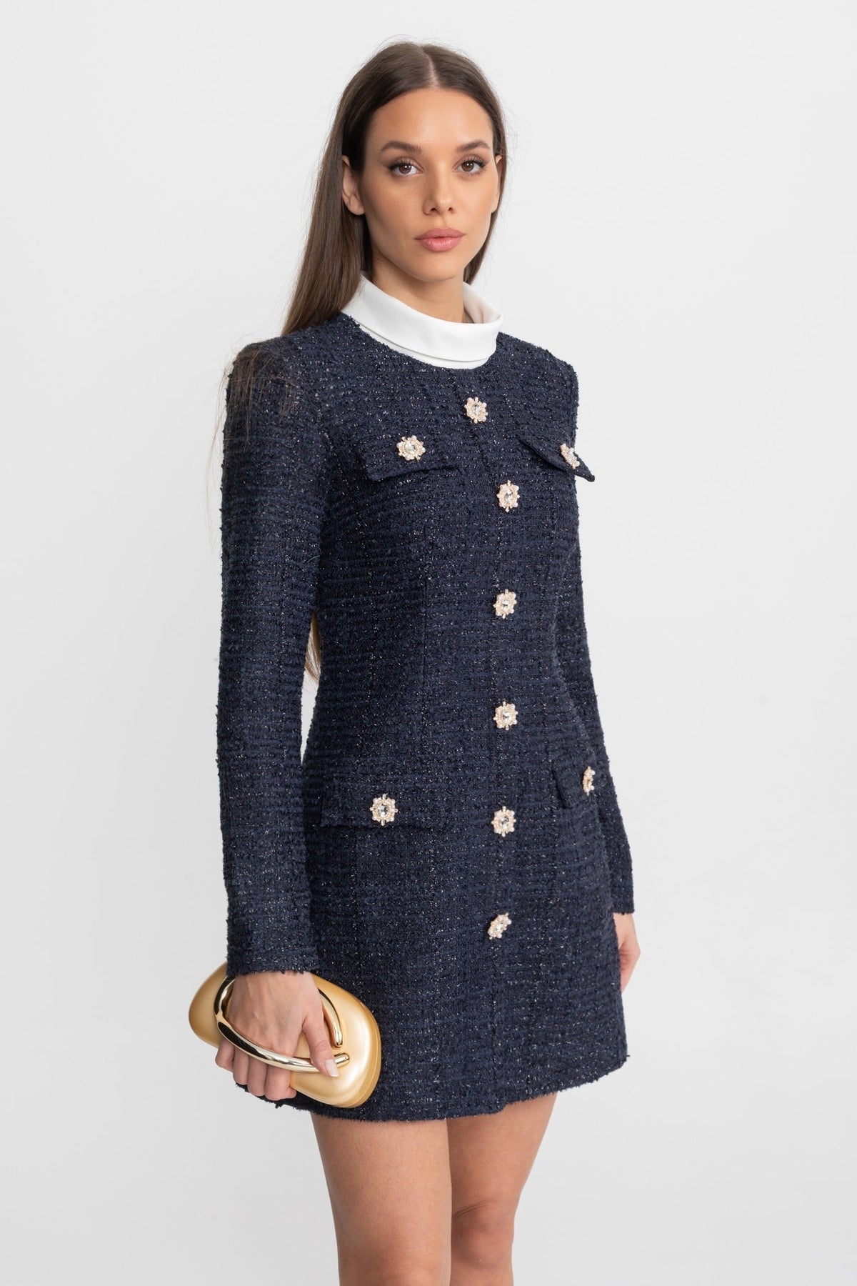 Long Sleeve Tweed Mini Dress with High Neck and Crystal Buttons – Navy