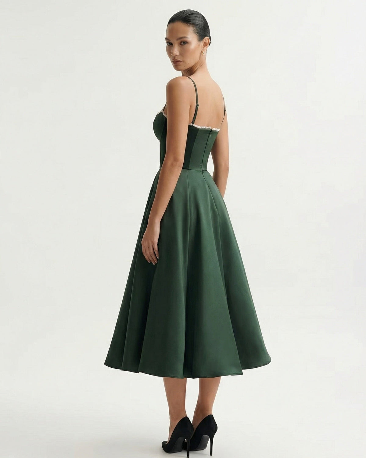 Giulia Duchess Satin Midi Dress with Tulle Underskirt – Forest Green – view 4