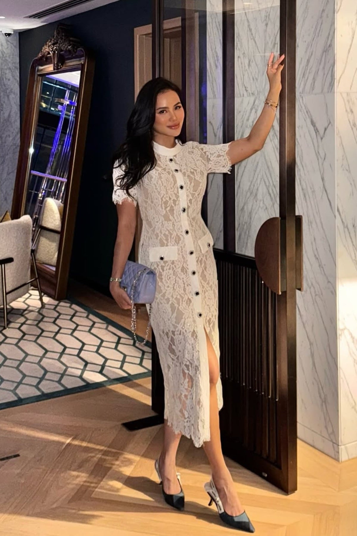 Short Sleeve High Collar Lace Dress with Matching Belt – White